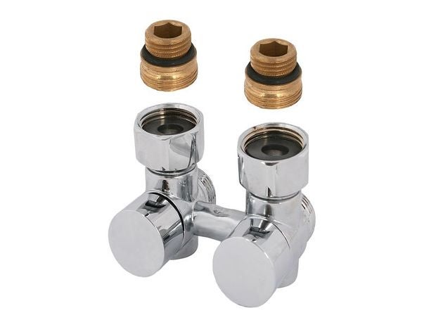 Hahnblock für Heizkörper in Durchgangsform, verchromt mit zwei Messing-Anschlussstücken.