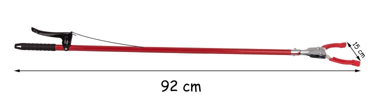 Greifzange mit einer Gesamtlänge von 92 Zentimetern und einer Öffnungsweite von 15 Zentimetern zum rückenschonenden Aufsammeln von Abfällen.