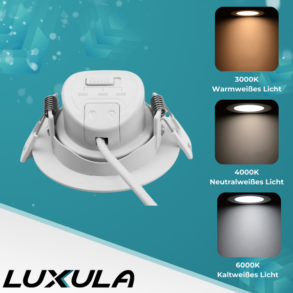 Weiße LED-Einbauleuchte mit Farbtemperaturregelung und der Option für warmweißes, neutralweißes oder kaltweißes Licht