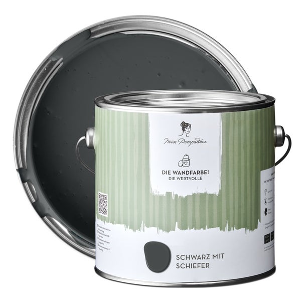 MissPompadour extramatte Wandfarbe 2.5L Schwarz mit Schiefer - sehr hohe Deckkraft - geruchsneutrale, spritzfreie Farbe - atmungsaktive, wasserbasierte Innenfarbe/Deckenfarbe - Die Wertvolle