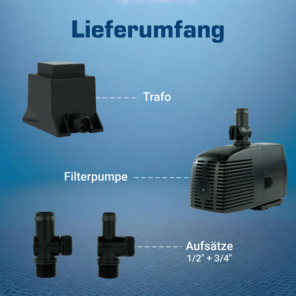 Lieferumfang einer Filterpumpe mit Transformator und zwei Aufsätzen in den Größen ein halb Zoll und drei viertel Zoll.