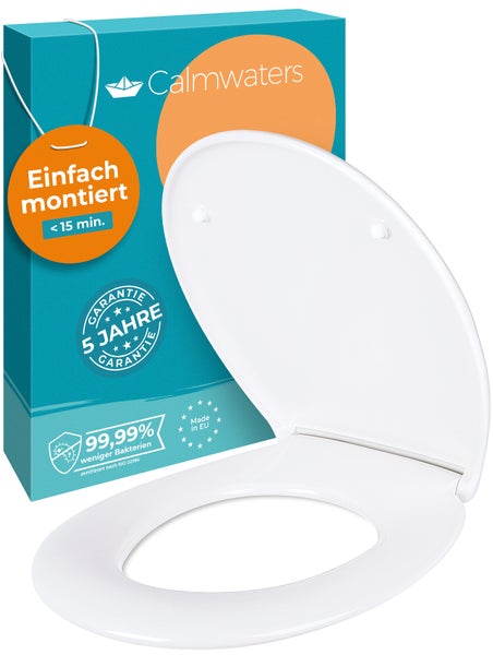 Calmwaters® WC Sitz Original einfache Montage, Premium Toilettendeckel bis 250 kg, Made in EU, aus antibakteriellem Duroplast, doppelte Absenkautomatik, 2 Montage Optionen, abnehmbar, Klobrille, oval, Weiß