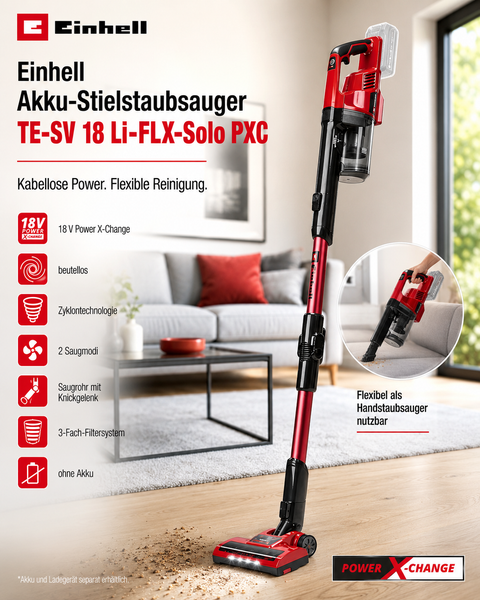 Einhell Akku-Stielstaubsauger TE-SV 18 Li-FLX-Solo PXC in einem hellen Wohnzimmer. Beutellos, mit Knickgelenk, als Stiel- und Handgerät nutzbar.