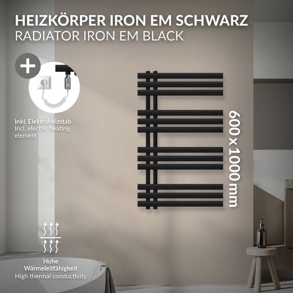 LuxeBath Elektrischer Badheizkörper Iron EM 600 x 1000 mm Schwarz matt inkl. Heizstab Chrom 300W mit Thermostat einfach, Handtuchheizkörper mit Heizpatrone, Elektro Handtuchwärmer Paneelheizkörper