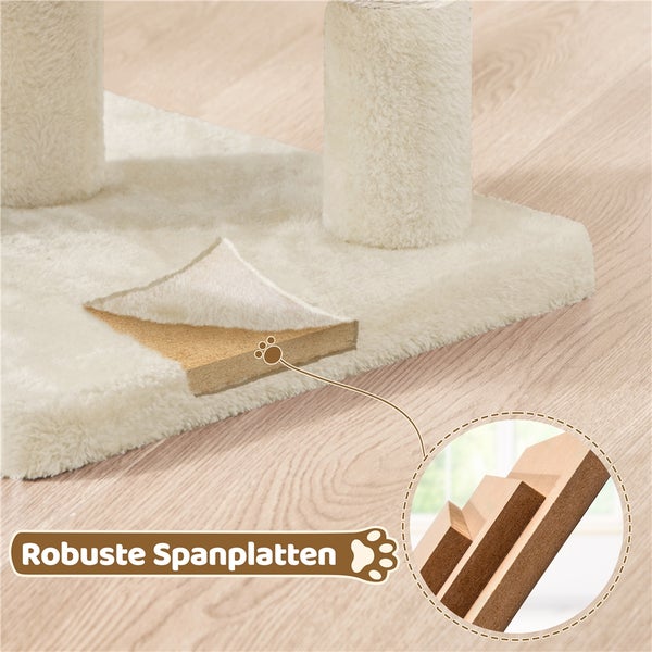 Detailaufnahme der robusten Spanplatten eines Katzenkratzbaums.