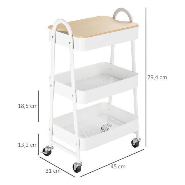 HOMCOM Küchenwagen Metallrollwagen 3-Etagen Metall mit großem Stauraum und Deckel für Küchen und Büro Aufbewahrungswagen Servierwagen Küchenregal mit Rollen Stahl Weiß 45 x 31 x 79,4 cm