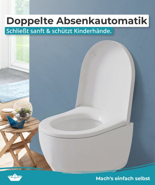 Wand-WC mit Toilettendeckel mit Absenkautomatik und Schließdämpfung für sanftes Schließen in einem modernen Badezimmer.