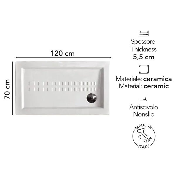 Duschwanne aus Keramik, 120 mal 70 Zentimeter, Dicke 5,5 Zentimeter, mit rutschhemmender Oberfläche, hergestellt in Italien.