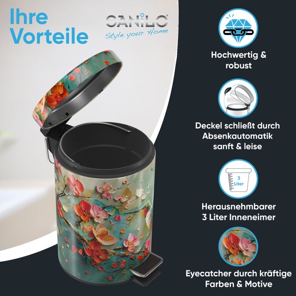 Sanilo Treteimer mit drei Liter Fassungsvermögen und Blumenmuster mit Absenkautomatik und herausnehmbarem Inneneimer.