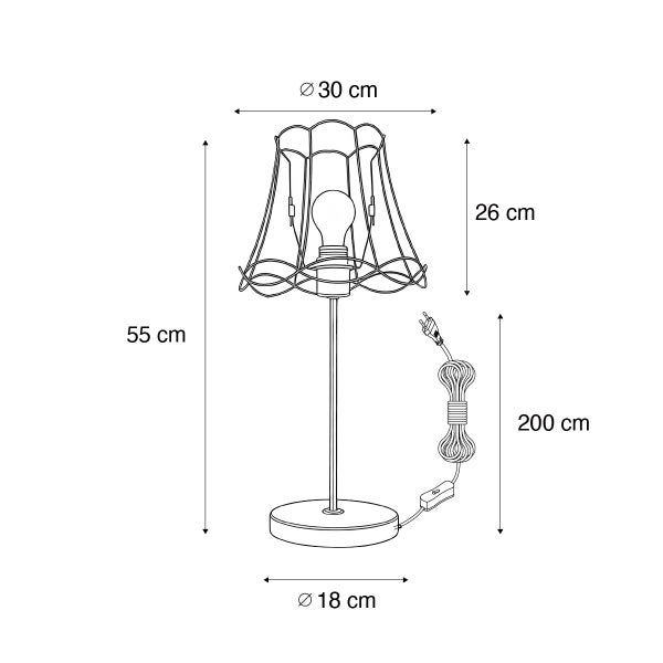 Technische Zeichnung einer Tischleuchte mit den Maßen: Höhe 55 cm, Lampenschirmdurchmesser 30 cm, Fußdurchmesser 18 cm und Kabellänge 200 cm.