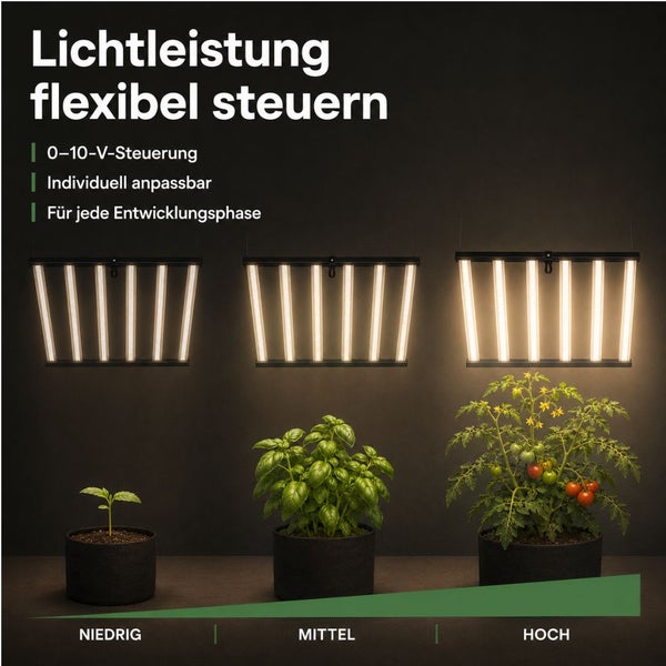 Pflanzenlampe mit flexibel steuerbarer Lichtleistung von 0 bis 10 Volt für jede Wachstumsphase von niedrig bis hoch.