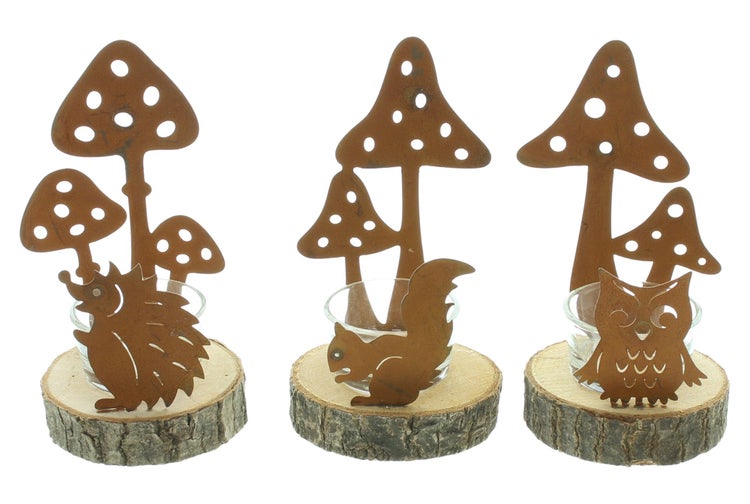 FRANK FLECHTWAREN | Teelichthalter Herbst, 3er Set, METALL, GLAS, HOLZ, 7 x 7 x 13,5 cm
