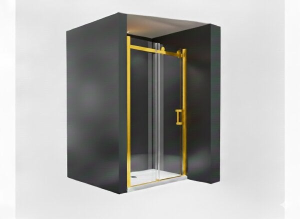Duschkabine mit Drehtür und goldenem Rahmen