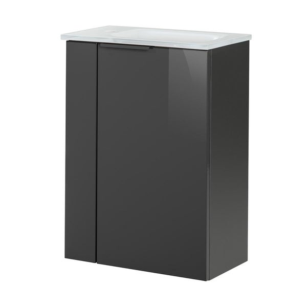 Fackelmann LUNA Gäste-WC Set 2 Teile – Waschtischunterschrank in Anthrazit mit Waschbecken aus Glas in Weiß – SBC Waschbeckenunterschrank schmal – Türanschlag rechts – 45 cm breit