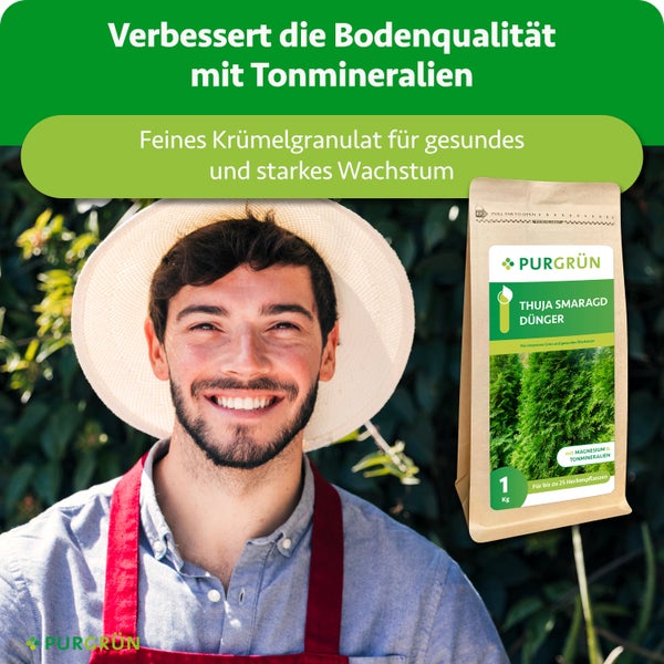 Lächelnder Gärtner neben 1 Kilogramm Purgrün Thuja Smaragd Dünger mit Magnesium und Tonmineralien für gesundes Wachstum.