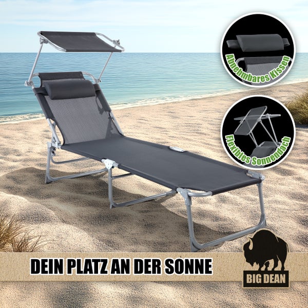 Sonnenliege mit verstellbarem Sonnendach und abnehmbarem Kissen am Strand
