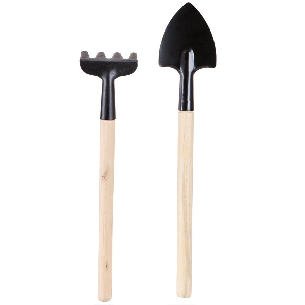 Gartengeräteset mit einer kleinen Schaufel und einem Rechen mit Holzgriffen