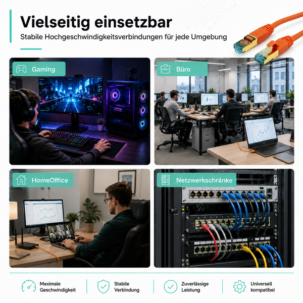 Netzwerkkabel für Gaming, Büro, Home Office und Netzwerkschränke. Stabile Hochgeschwindigkeitsverbindung, zuverlässig und universell kompatibel.