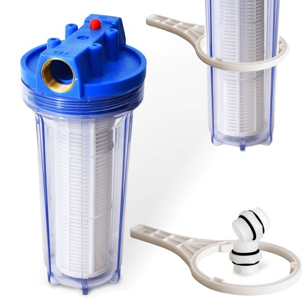 Wasserfiltergehäuse mit Filtereinsatz, Filterschlüssel und Anschlussstücken.