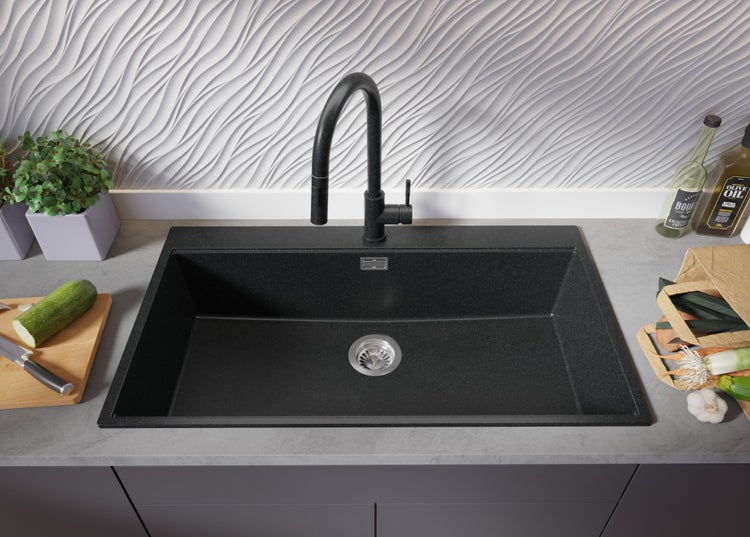 PRIMAGRAN Spülbecken Anthrazit 88x50cm, Granitspüle 1 Becken + Ablauf-Set + Schneidebrett, Küchenspüle ab 90er Unterschrank - Oslo
