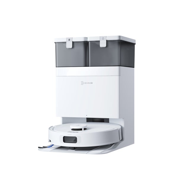 Ecovacs Saugroboter und Wischroboter mit automatischer Reinigungsstation inklusive Behältern für Frischwasser und Schmutzwasser. Ecovacs Logo.