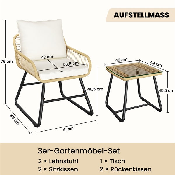 Aufbauzeichnung eines 3-teiligen Gartenmöbelsets mit zwei Sesseln und einem Tisch mit Maßangaben