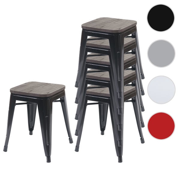 Stapelbare Hocker mit Holzsitzen und Metallgestell, inklusive Farbauswahl.