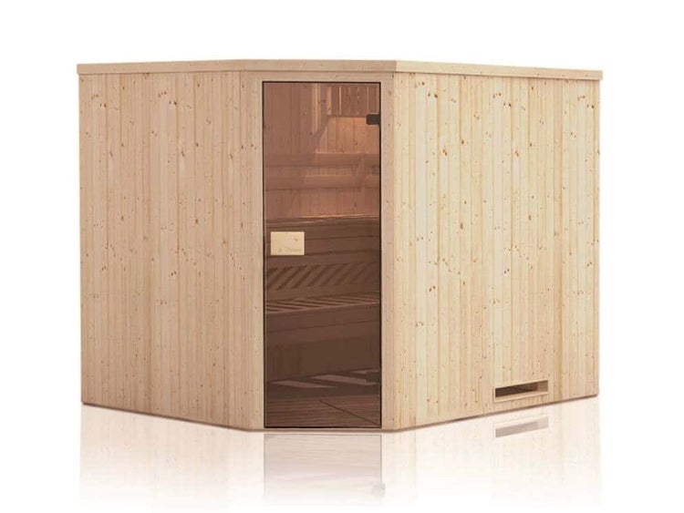 FinnTherm Innensauna Corner Innensauna 1 Sitzbänke aus Holz, Saunakabine mit 40 mm Wandstärke, Dampfsauna mit Montagematerial, Naturbelassen 1,4x1,4m