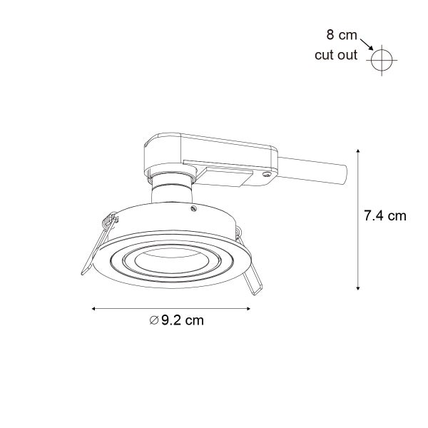 Technische Zeichnung eines Einbaustrahlers mit Maßen: Durchmesser 9,2 Zentimeter, Höhe 7,4 Zentimeter und Ausschnitt 8 Zentimeter.