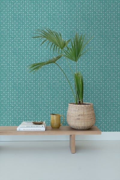 Dekoratives Interieur mit gemusterter Tapete, Pflanze im Korb, Kanne und Büchern auf einem Regal
