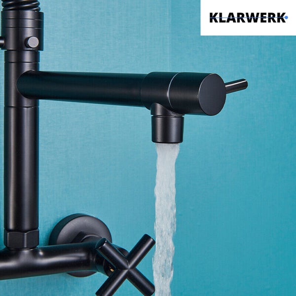 Björn | Gastronomie Wandmontage Armatur Schwarz matt | Profi Küchenarmatur Edelstahl Zwei Brausen | Doppelspülbecken Wasserhahn Restaurant Wand