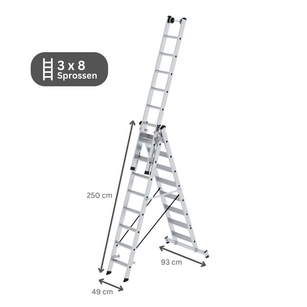 PROREGAL Stufen-Mehrzweckleiter 3-Teilig mit Traverse 3 x 8 Stufen
