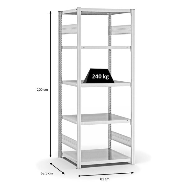 PROREGAL Fachbodenregal Stecksystem T-Profil Medium-Duty Grundregal HxBxT 200 x 75 x 60 cm 5 Ebenen Fachlast 240 kg Beidseitig Nutzbar Lichtgrau