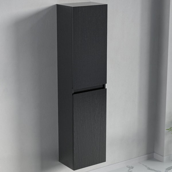 Wandhängender Bad-Hochschrank in dunkler Holzoptik mit zwei Türen.