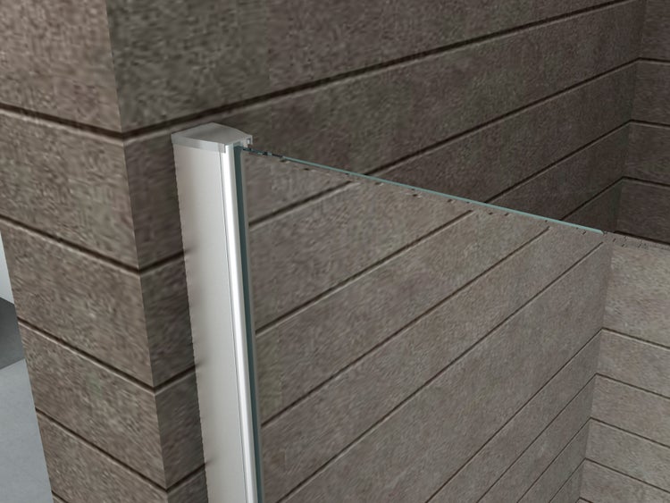 Detailansicht einer Duschkabine mit Glaswand und silberfarbenem Rahmen