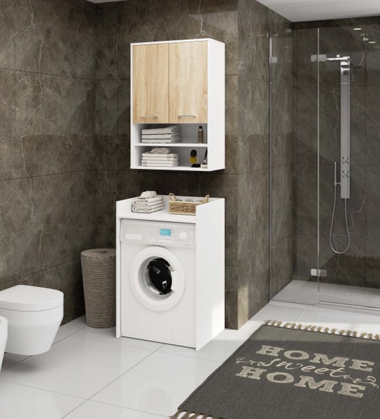 Modernes Badezimmer mit Waschmaschine, Hängeschrank und Dusche