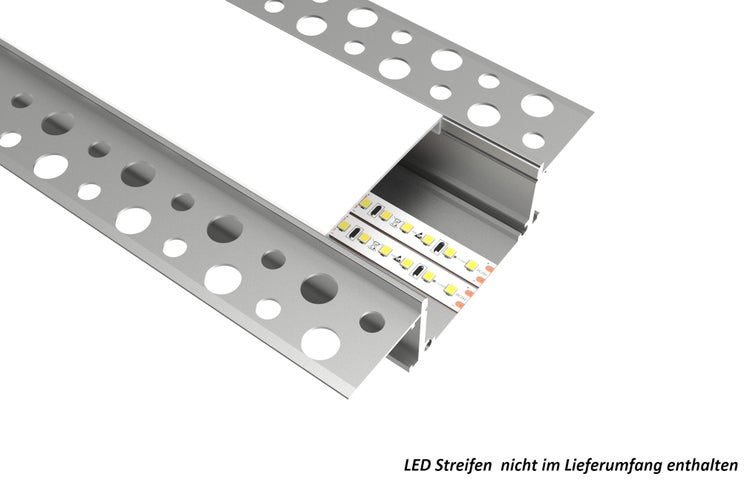 TIVENDIS Led Alu Profil 2 m T2 mit Zubehör für Strip / Streifen bis 27,6 mm breit | Abdeckung satiniert milchig  |  Einbau Unterputz Deckenleiste Deckenprofil Deckenleisten eloxiert