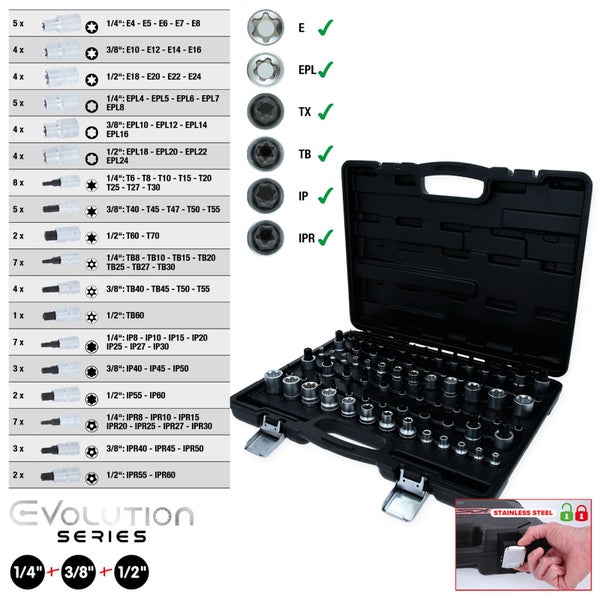 KS TOOLS 1/4+3/8+1/2 Torx-Steckschlüssel-Satz 77tlg. - 911.0077