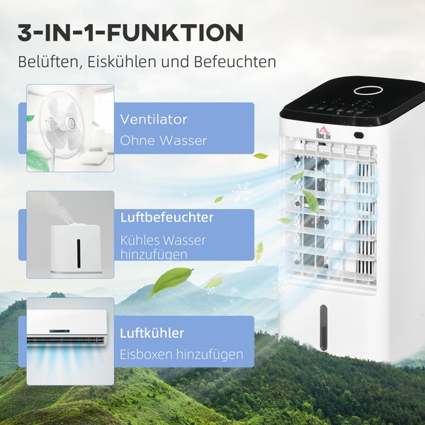 HOMCOM Mini Luftkühler, 3 in 1 Luftbefeuchter mit 3 Stufen, 60° Oszillation, für Schlafzimmer, Büro, 24,5L x 27B x 60H cm, ABS, Kunststoff, Weiß