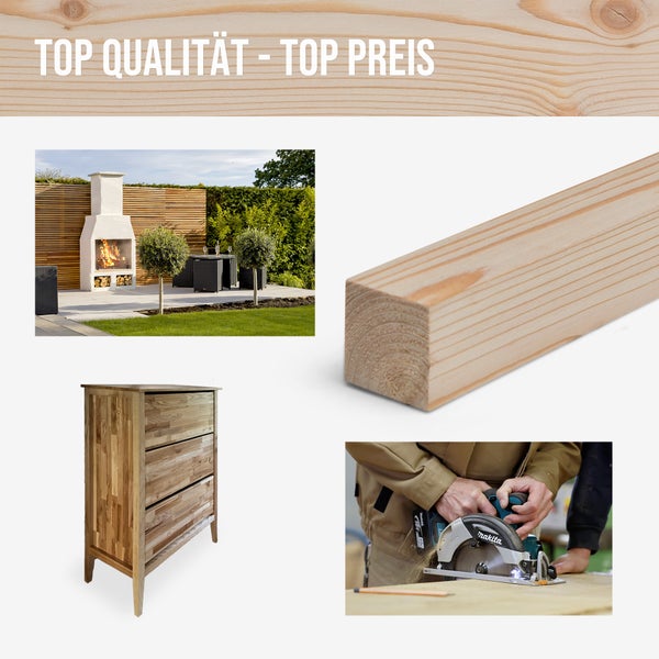 Collage mit Gartenkamin, Holzstück, Holzkommode und Handwerker beim Sägen von Holz