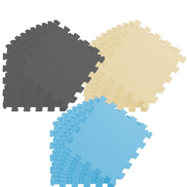 Sets aus ineinandergreifenden Schaumstoff-Bodenmatten in Dunkelgrau, Hellbeige und Hellblau.