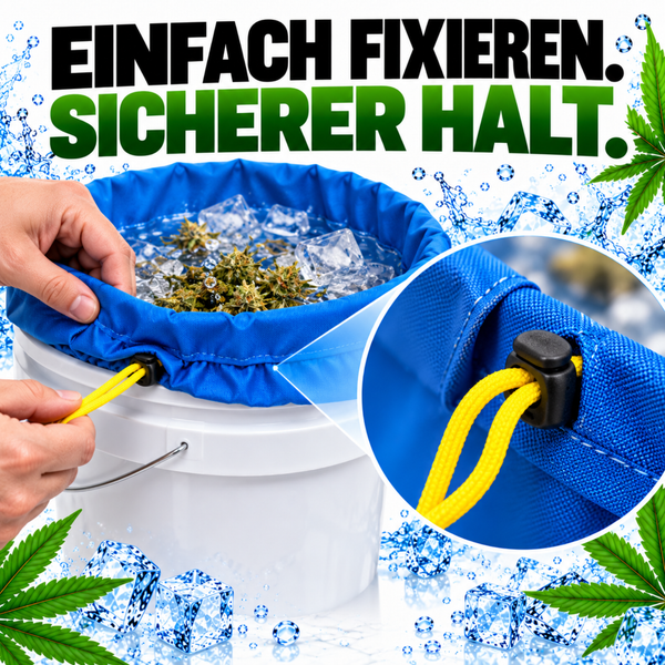 Wasserdichter Beutel mit Kordelzug zur Befestigung an einem Eimer für die Pflanzenextraktion mit Eiswürfeln.