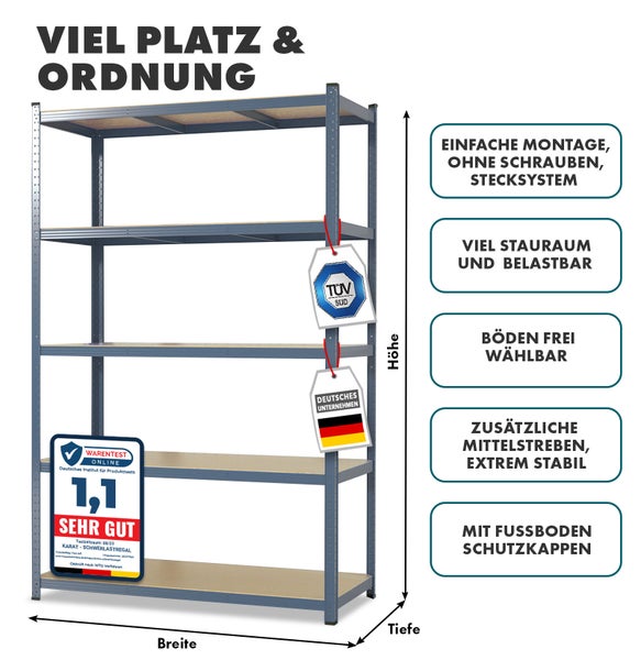 FLOORDIREKT Schwerlastregal Lakota - 2er Set - Universal einsetzbar - Grau - 200 x 120 x 60 cm - Traglast bis 875 kg