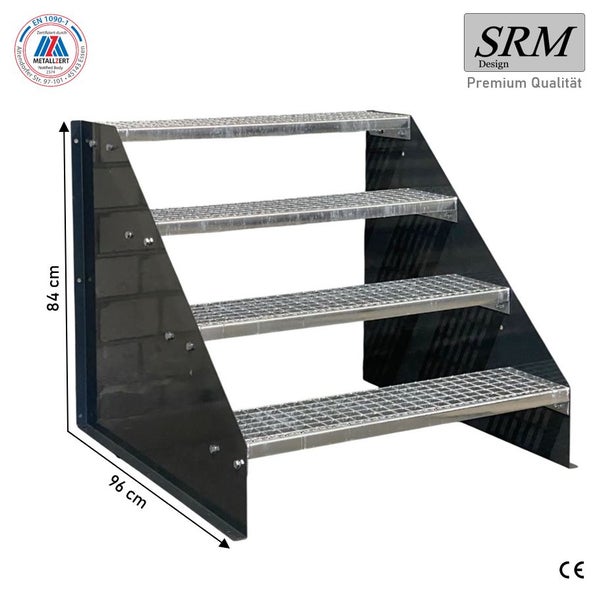 Stahltreppe mit 4 Gitterroststufen, Wangentreppe aus Metall, Höhe 84 Zentimeter, Tiefe 96 Zentimeter, SRM Design Logo, CE-Kennzeichnung.