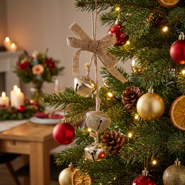 Weihnachtsbaum geschmückt mit Glockenanhängern, Kugeln, Kiefernzapfen und getrockneten Orangenscheiben in festlich beleuchtetem Wohnzimmer