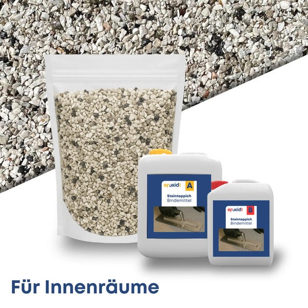 Steinteppich-Set für Innenräume bestehend aus Natursteinen im Beutel und zwei Kanistern Epoxidharz-Bindemittel.