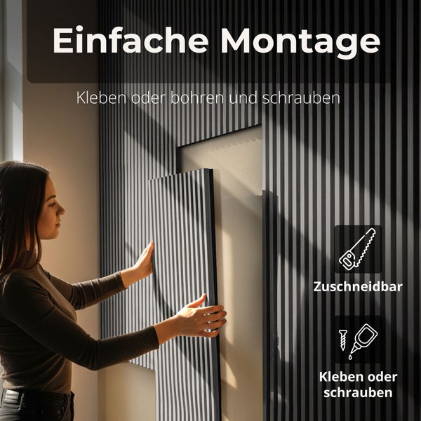 Helle Szene: Frau montiert vertikales Lamellenwandpaneel durch Kleben oder Schrauben; einfach zu montieren und individuell zuschneidbar.