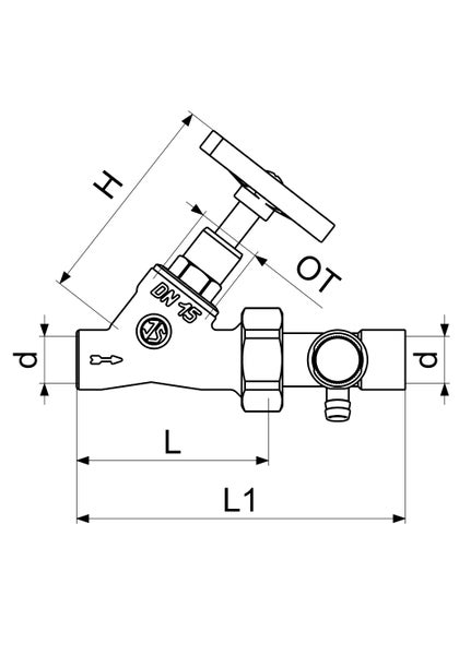 Technische Zeichnung eines Freistromventils Nennweite 15 mit Bemaßungen für Höhe, Länge und Durchmesser sowie Seppelfricke Logo.
