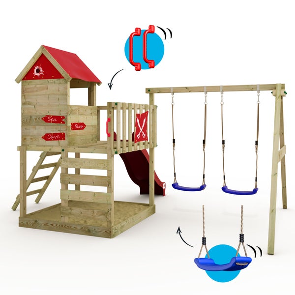 WICKEY Spielturm Klettergerüst Smart Cave mit Schaukel und Rutsche, Baumhaus mit Sandkasten, Kletterleiter und Spiel-Zubehör - rot