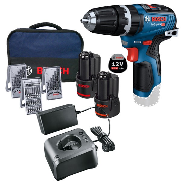 Bosch Akku-Schlagbohrmaschine GSB 12V-35 / 2x 2,0 Ah Akku + Ladegerät inkl. Zubehör-Set im Softbag